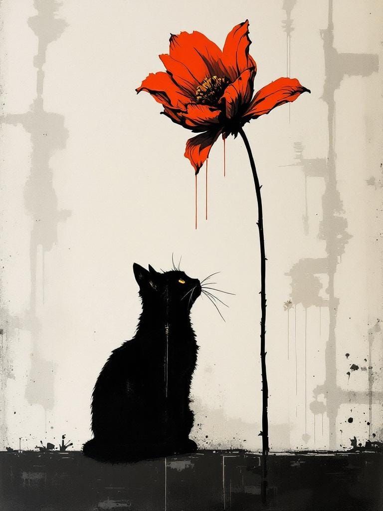 Cat Under Flower in Surreal Constructivist Style