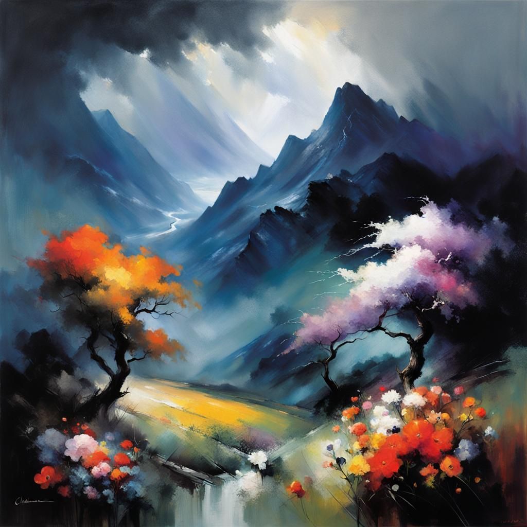 Chinese Mountain Storm in Chiaroscuro Style