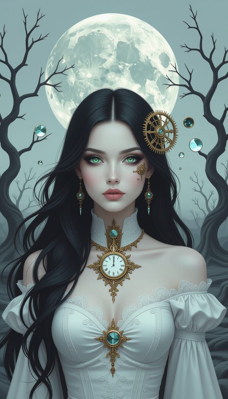 Woman with Clockwork Emerald Eyes in Surreal Landscape