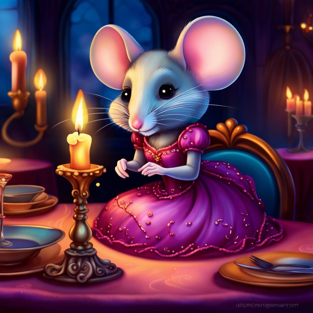 Mouse in Evening Gown at Candlelit Dinner