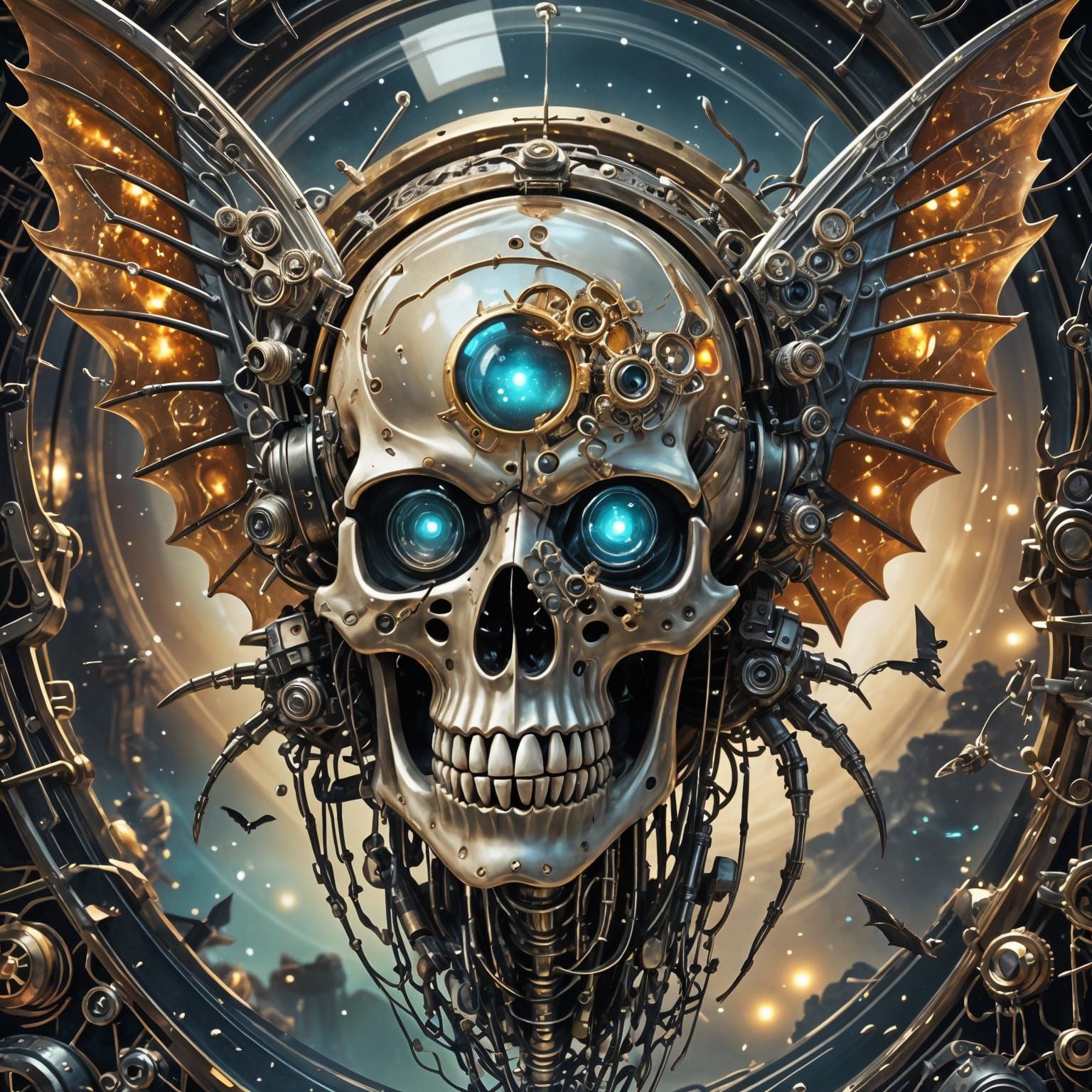 Steampunk Cyborg Skull Bat Soaring in Space