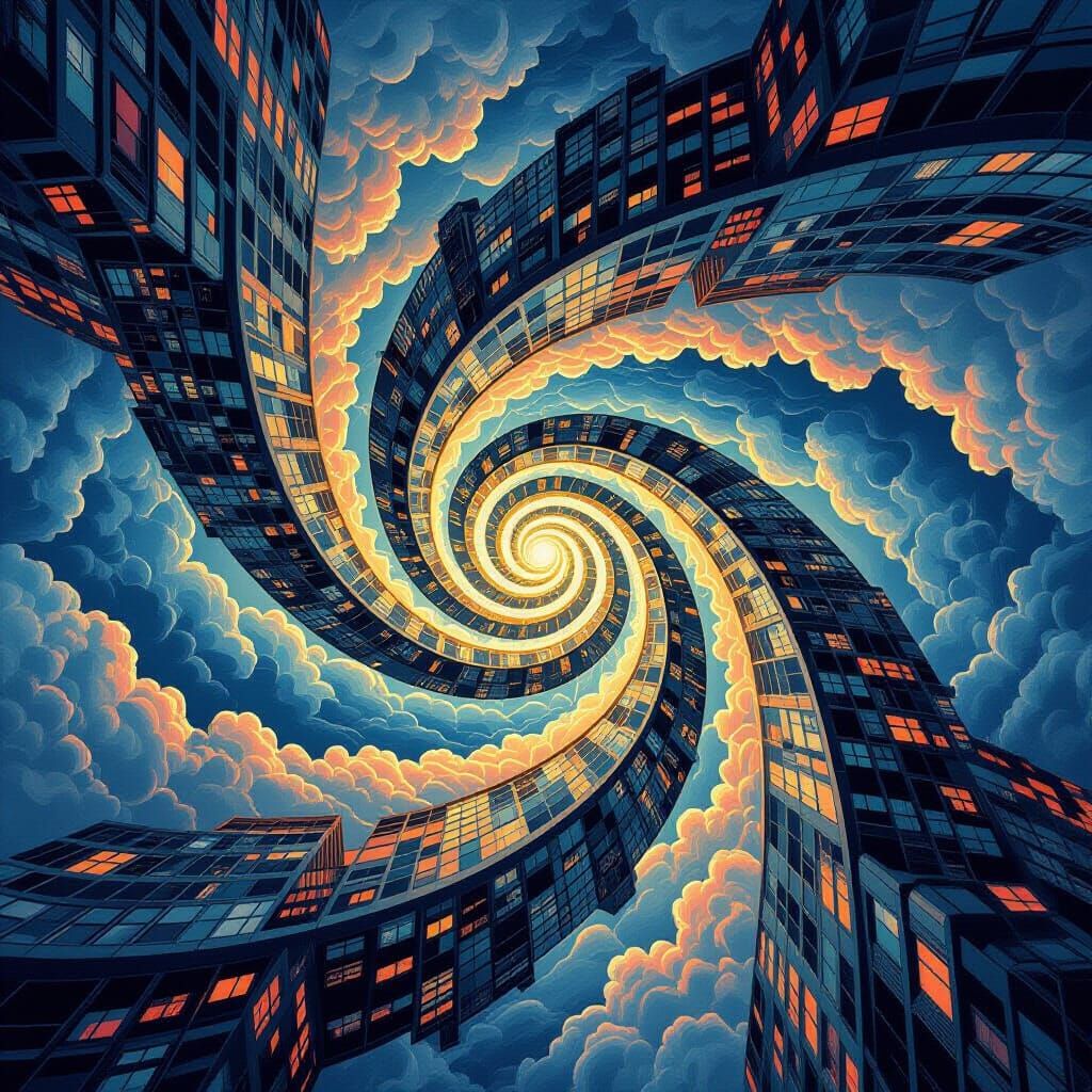 Skyscrapers Spiraling into Vortex as Psychedelic Architectur...