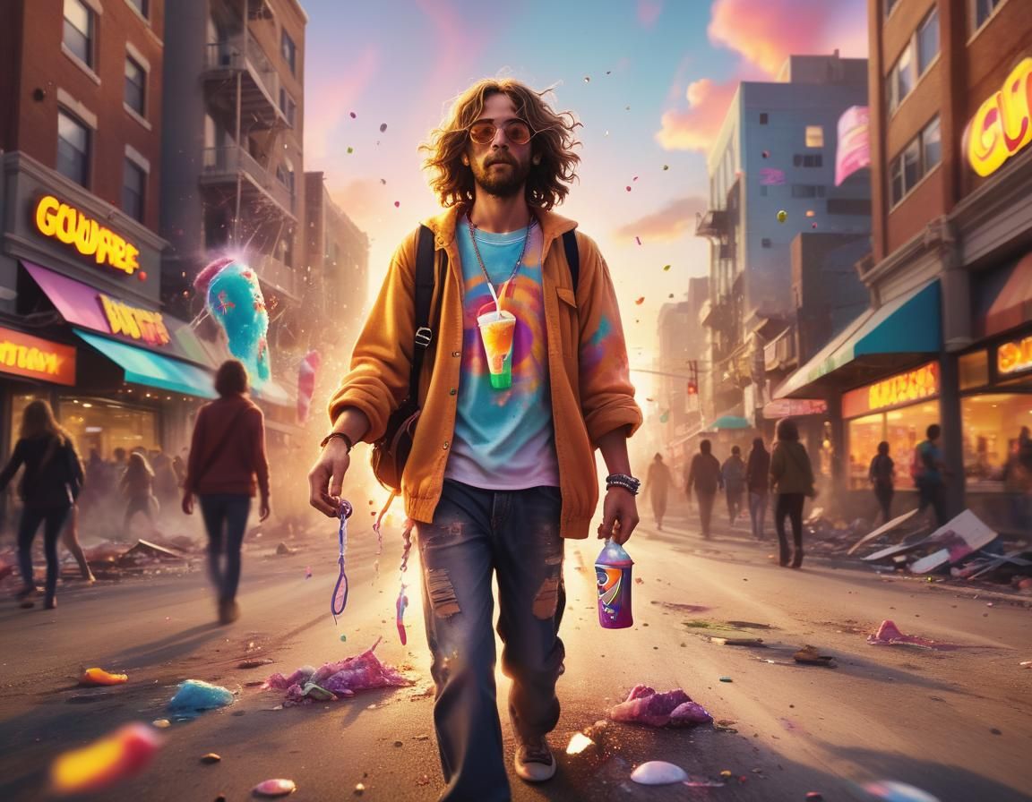 Giant Hippy Causes Earthquake Chaos in Fauvist Style