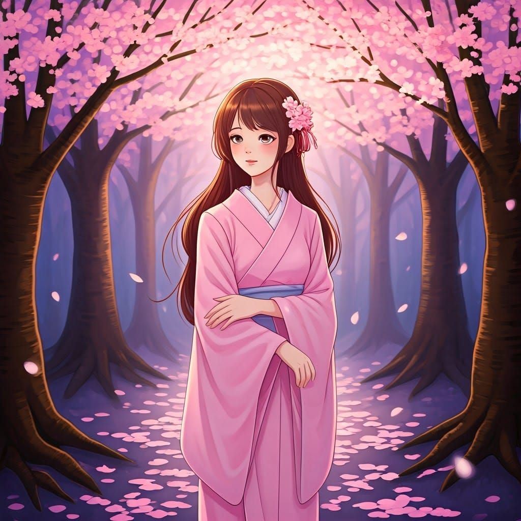 Woman in Kimono in Mystical Cherry Blossom Forest