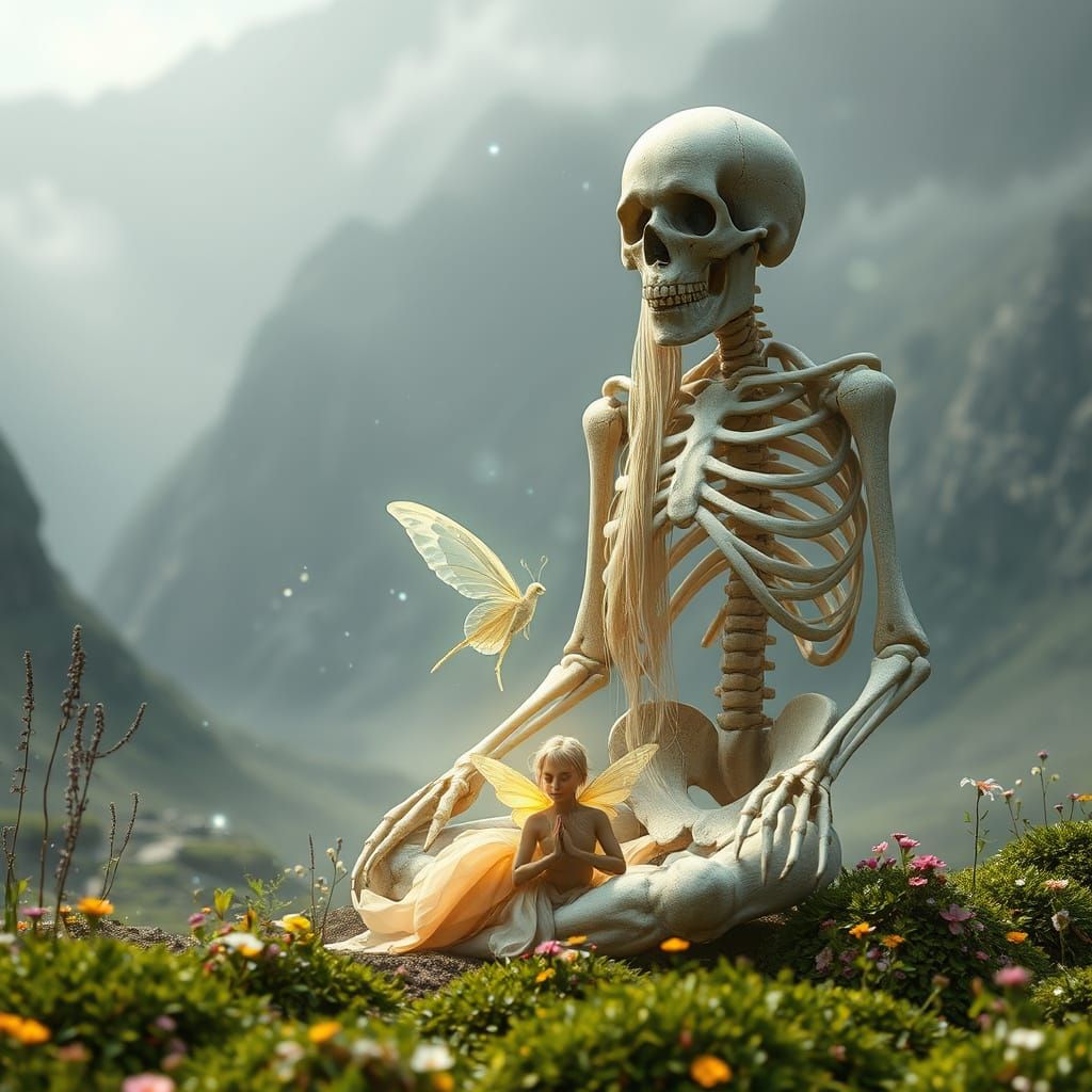 Fairy Meditation Before Ancient Skeleton in Ethereal Valley