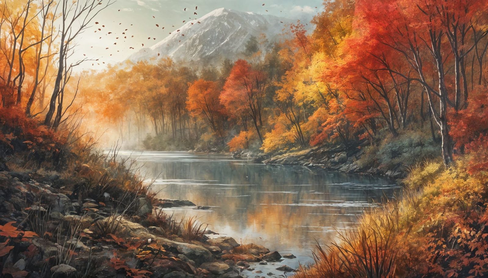 Misty Autumn Lake with Sunrays in Watercolor Style