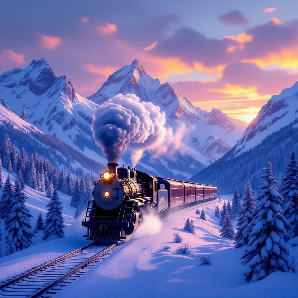 Steam Train on Frozen Mountain Pass at Sunrise