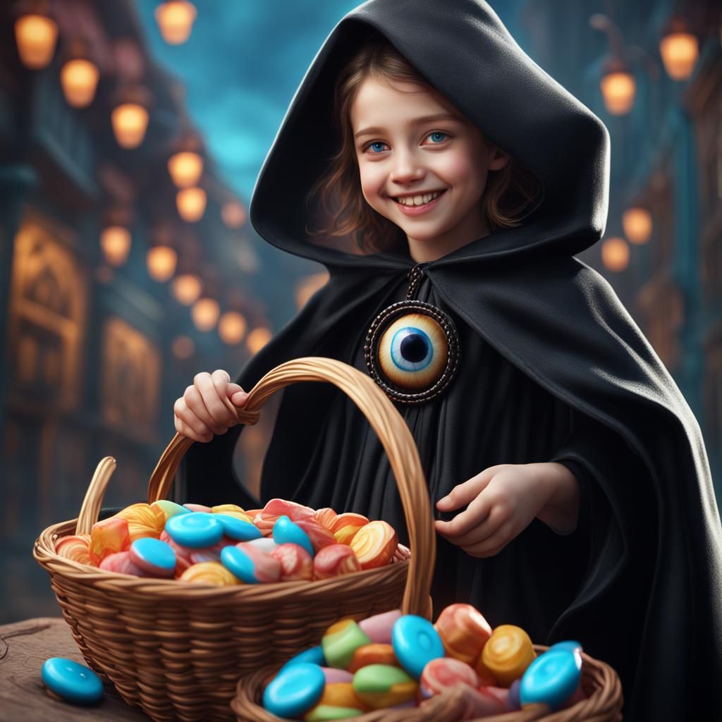 Girl in Evil Eye Cloak Holds Candy Basket