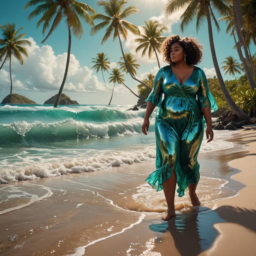 Caribbean Woman on Beach with Transparent Waves