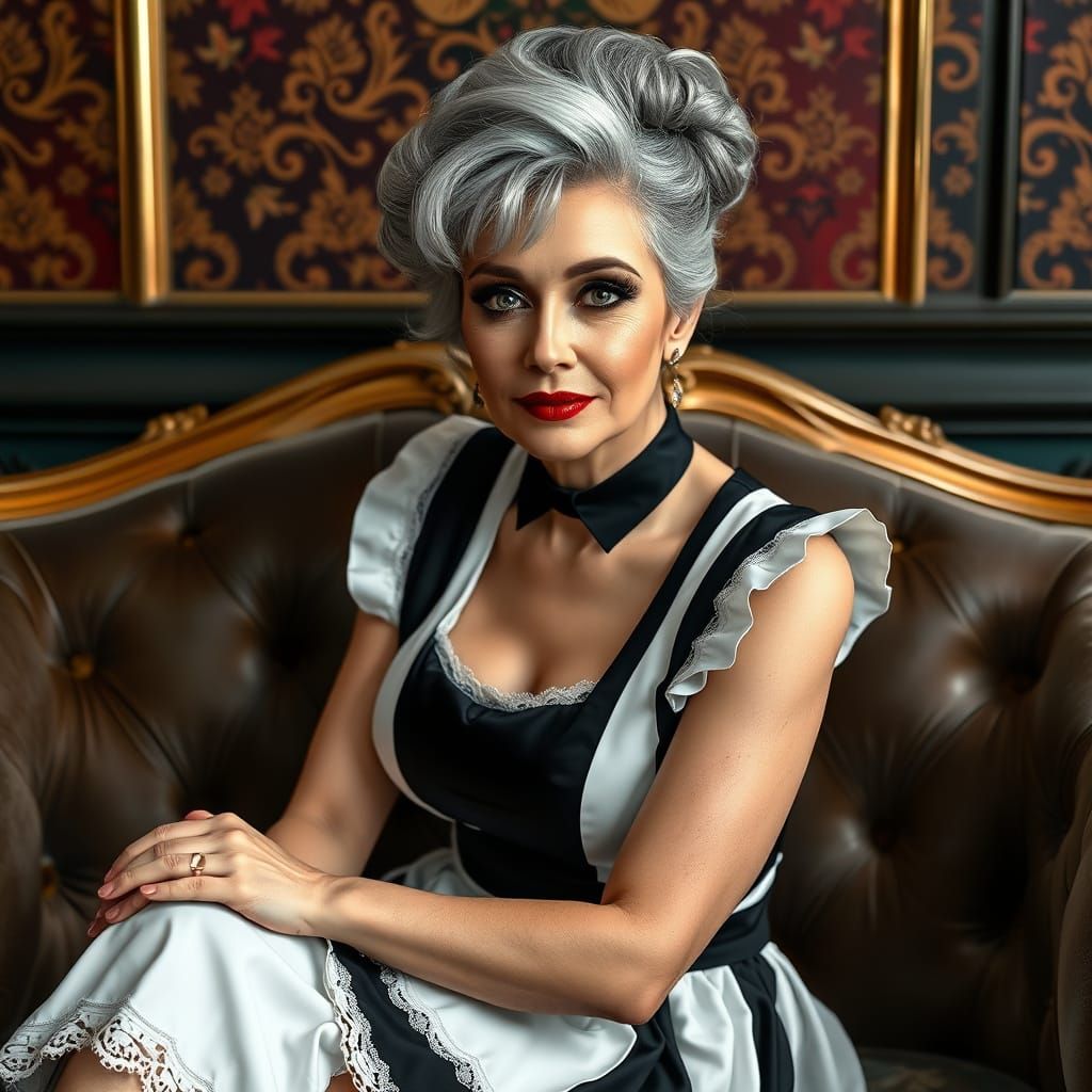 Elegant Grey Haired Woman in French Maid Uniform