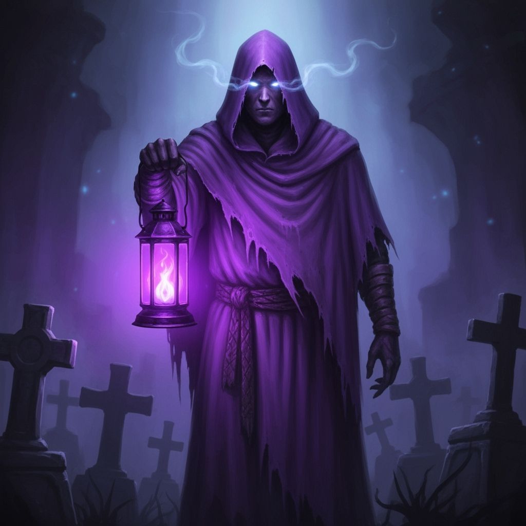 Solemn Gravekeeper with Purple Lantern in Dark Fantasy Style
