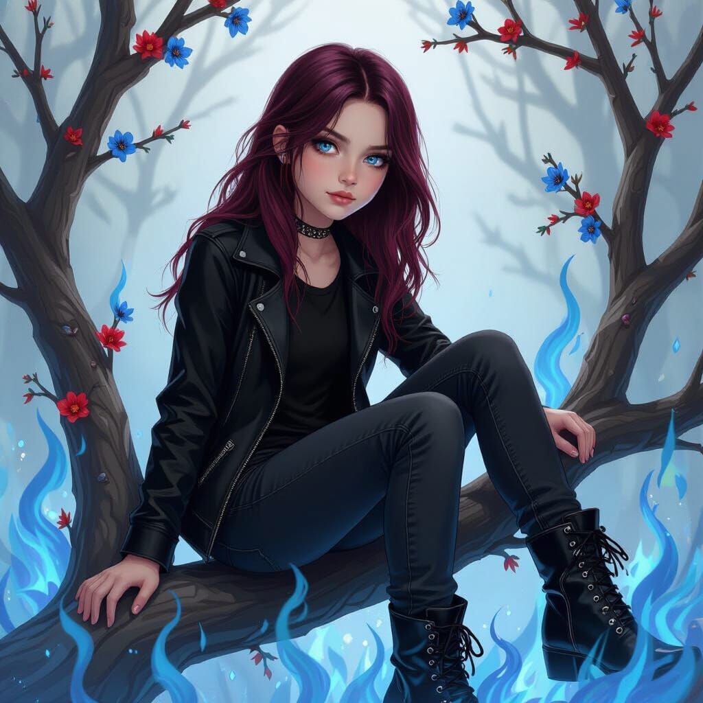 Girl with Red Hair Amidst Blue Flames