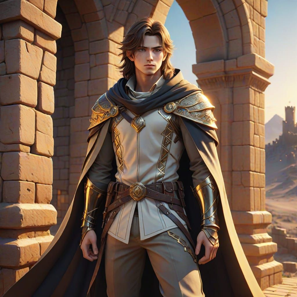 Young Adventurer Conquers Castle Wall Under Golden Moonlight