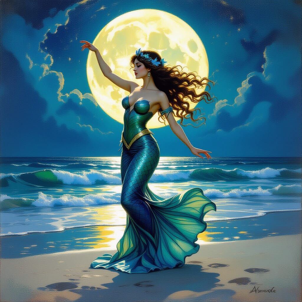 Mermaid Dancing on Moonlit Beach
