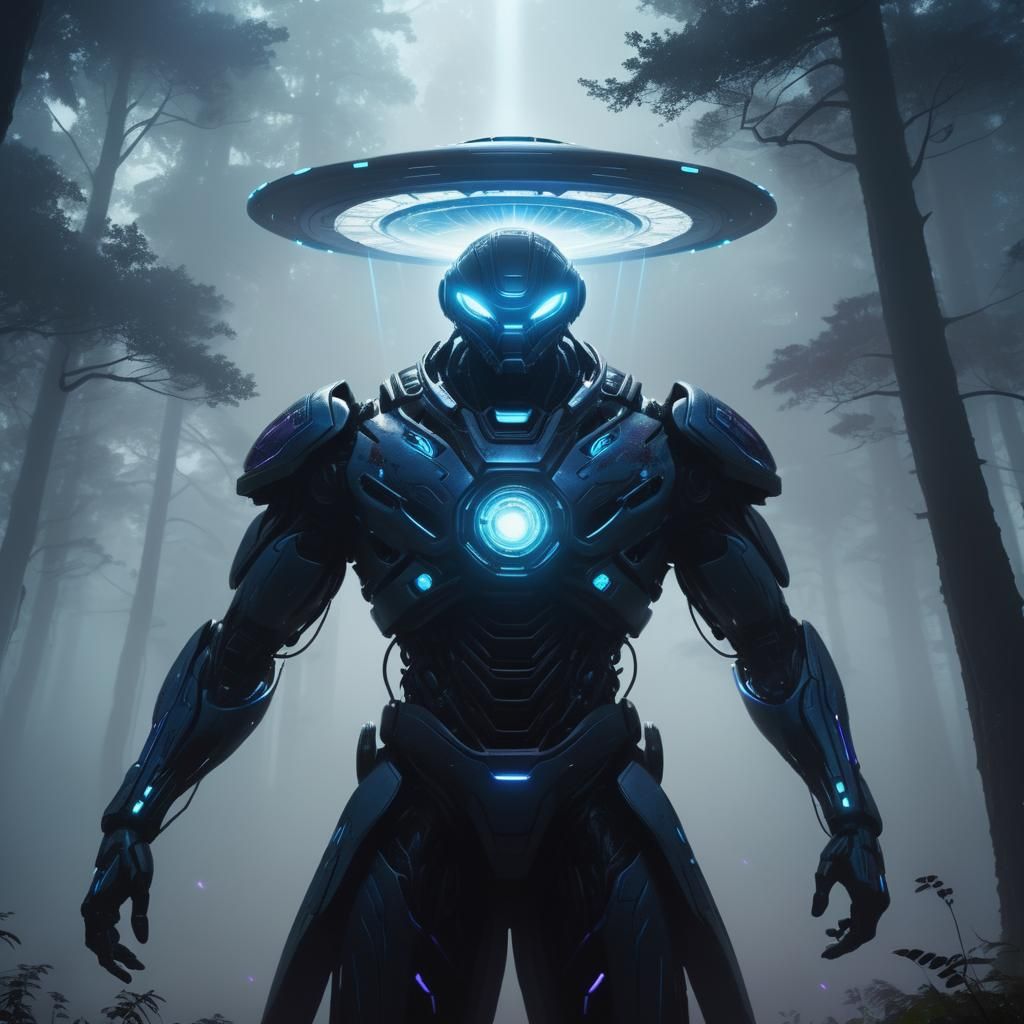 Glowing UFO over Dark Forest in Sci-Fi Style