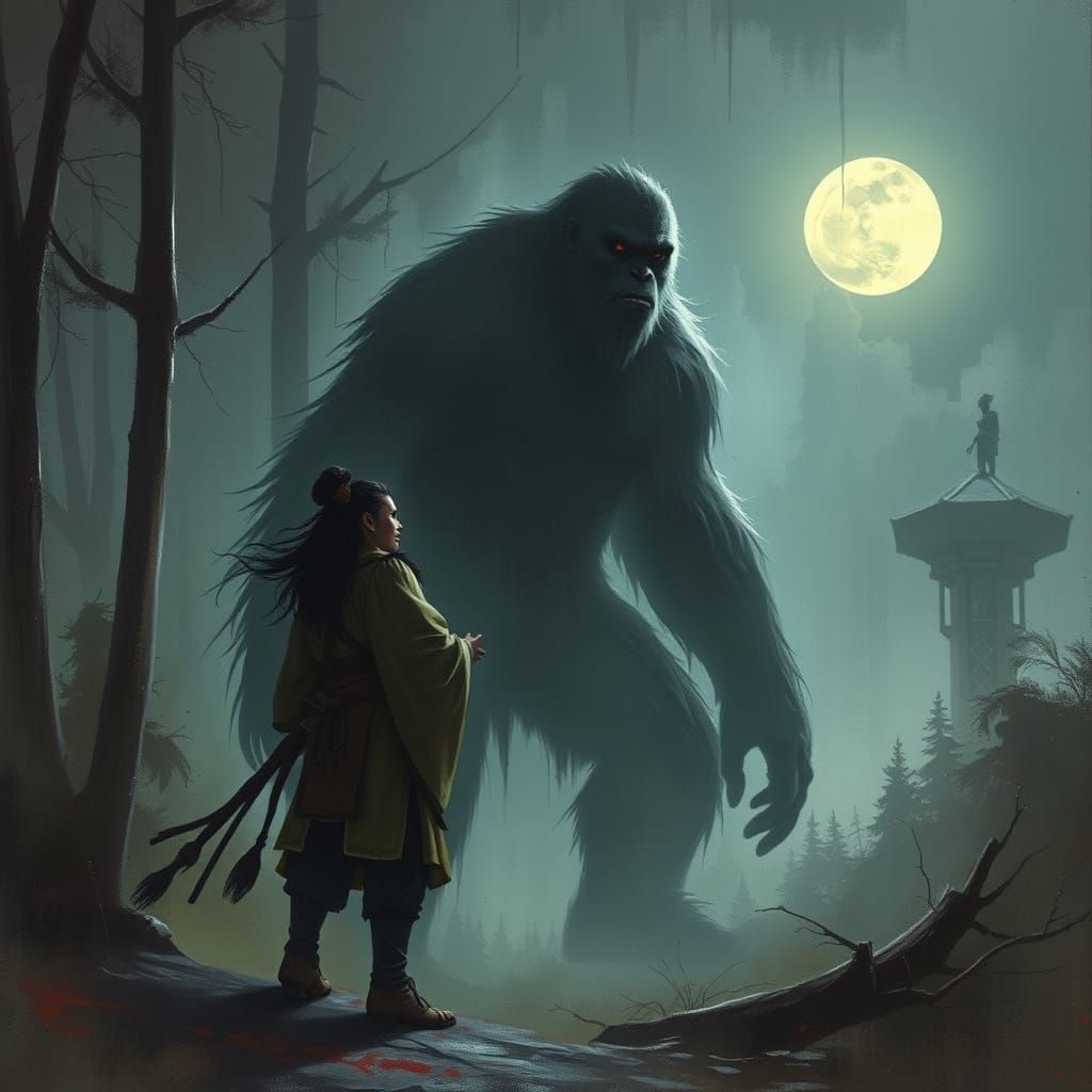 Fierce Encounter in Moonlit Forest, Dark Gritty Style