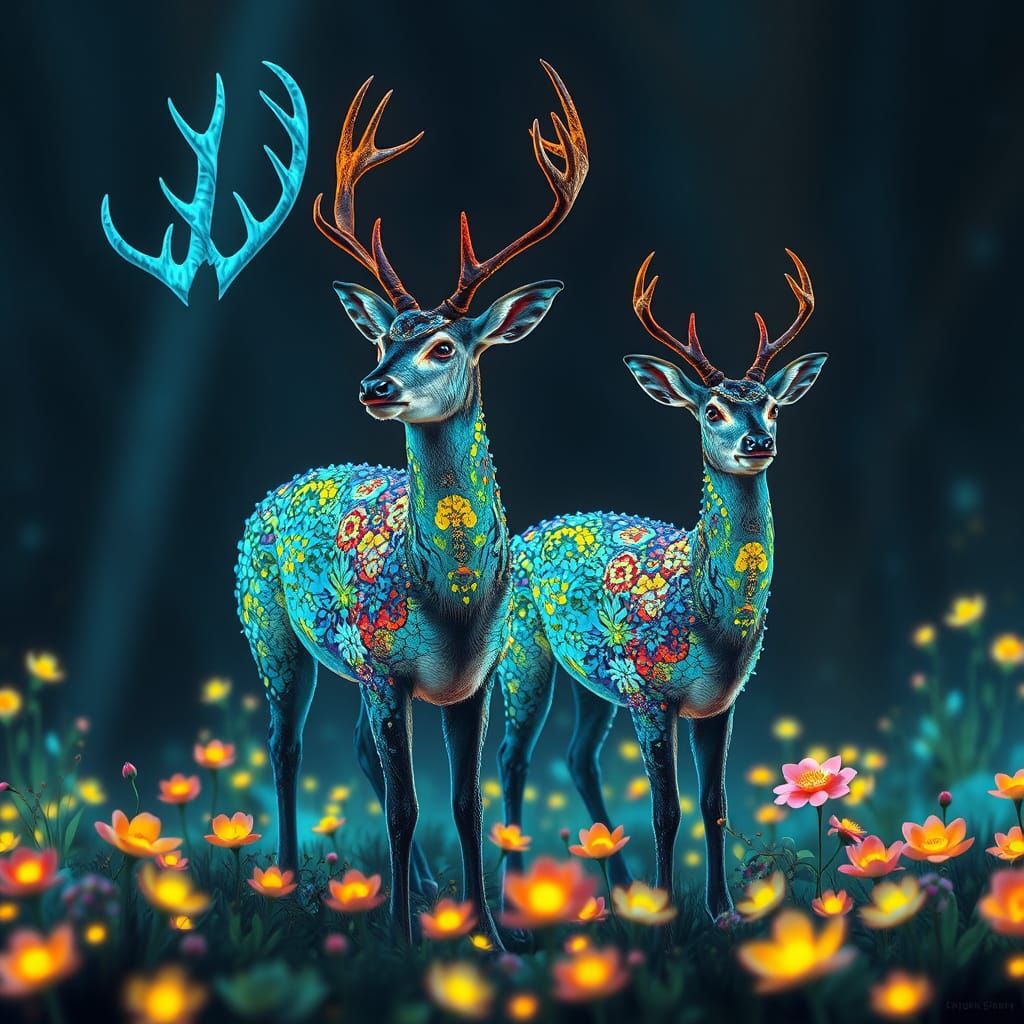 Bioluminescent Deer Family in Encaustic Alcohol Ink
