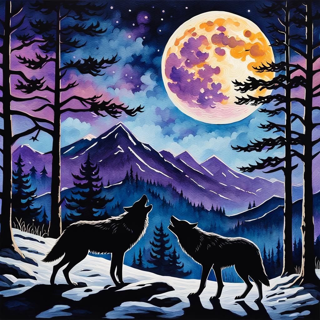 Wolves Under Full Moon in Gouache Impressionist Style