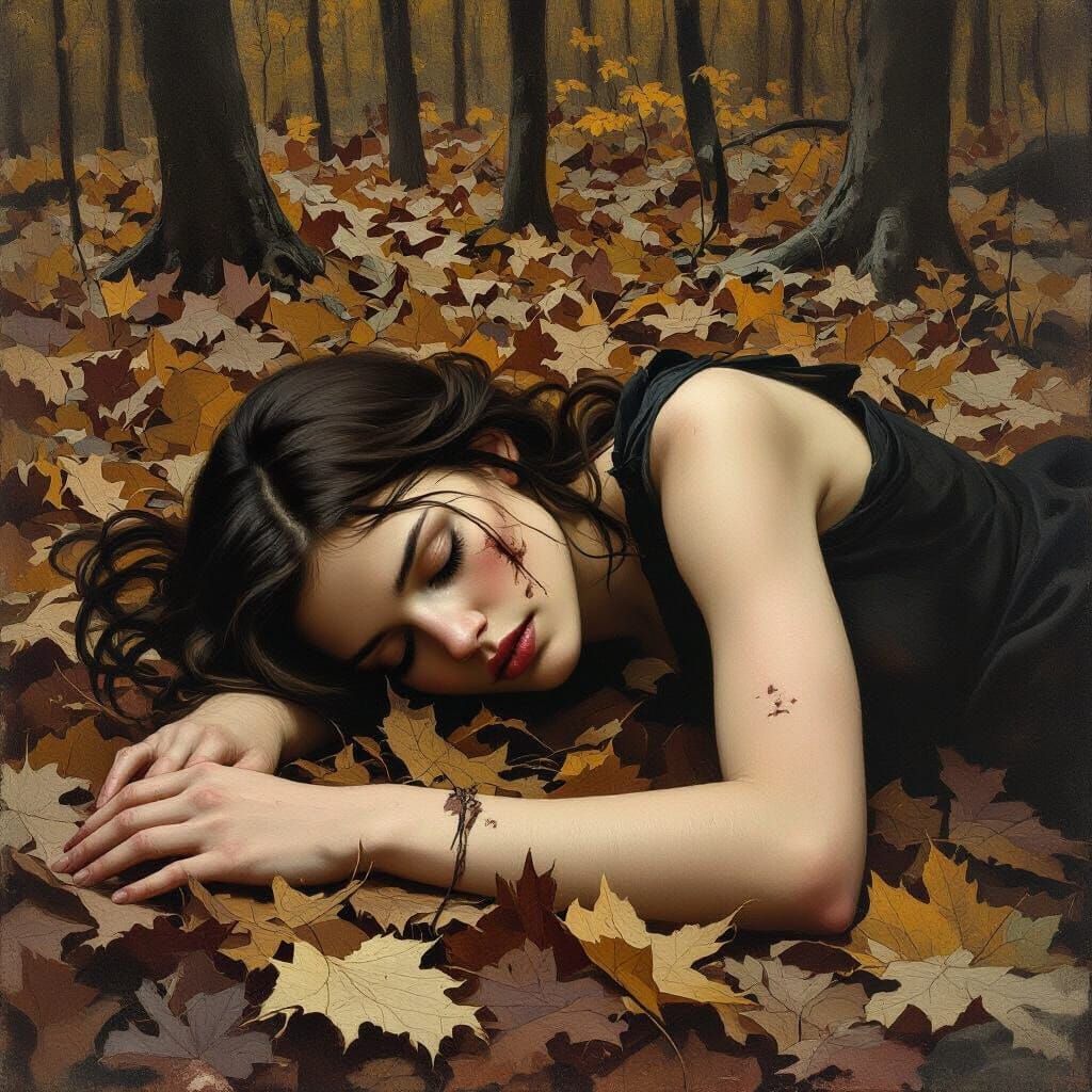 Lifeless Woman on Leaf-Covered Mountain in Painterly Style