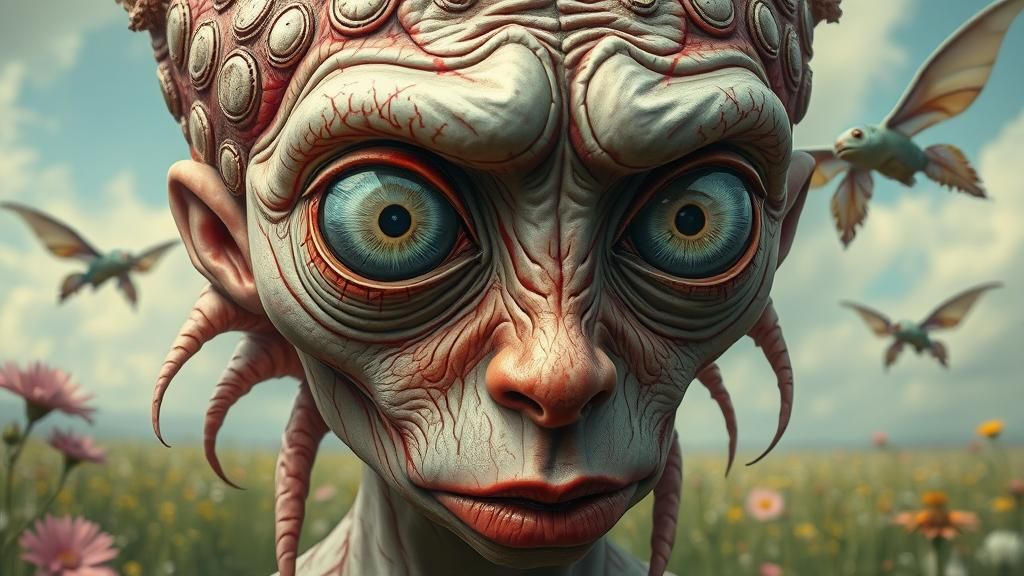 Surreal Monster with Crying Eyes in Dream Landscape