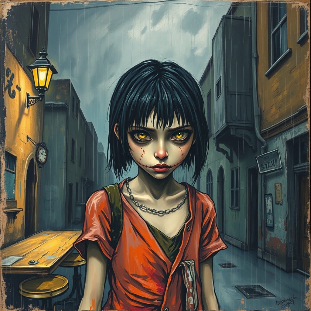 Girl in Rain: Neo-Expressionist Urban Angst