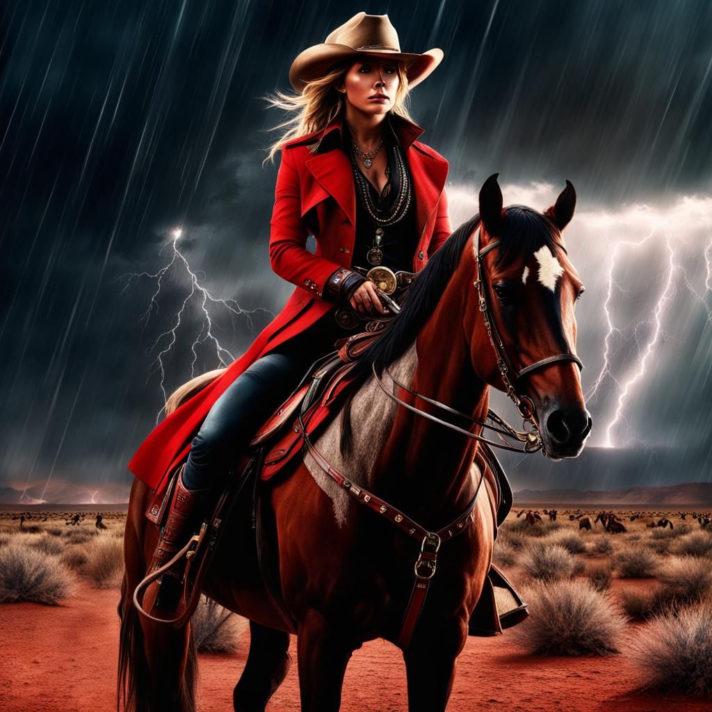 Outlaw Cowgirl in Desert Lightning Storm