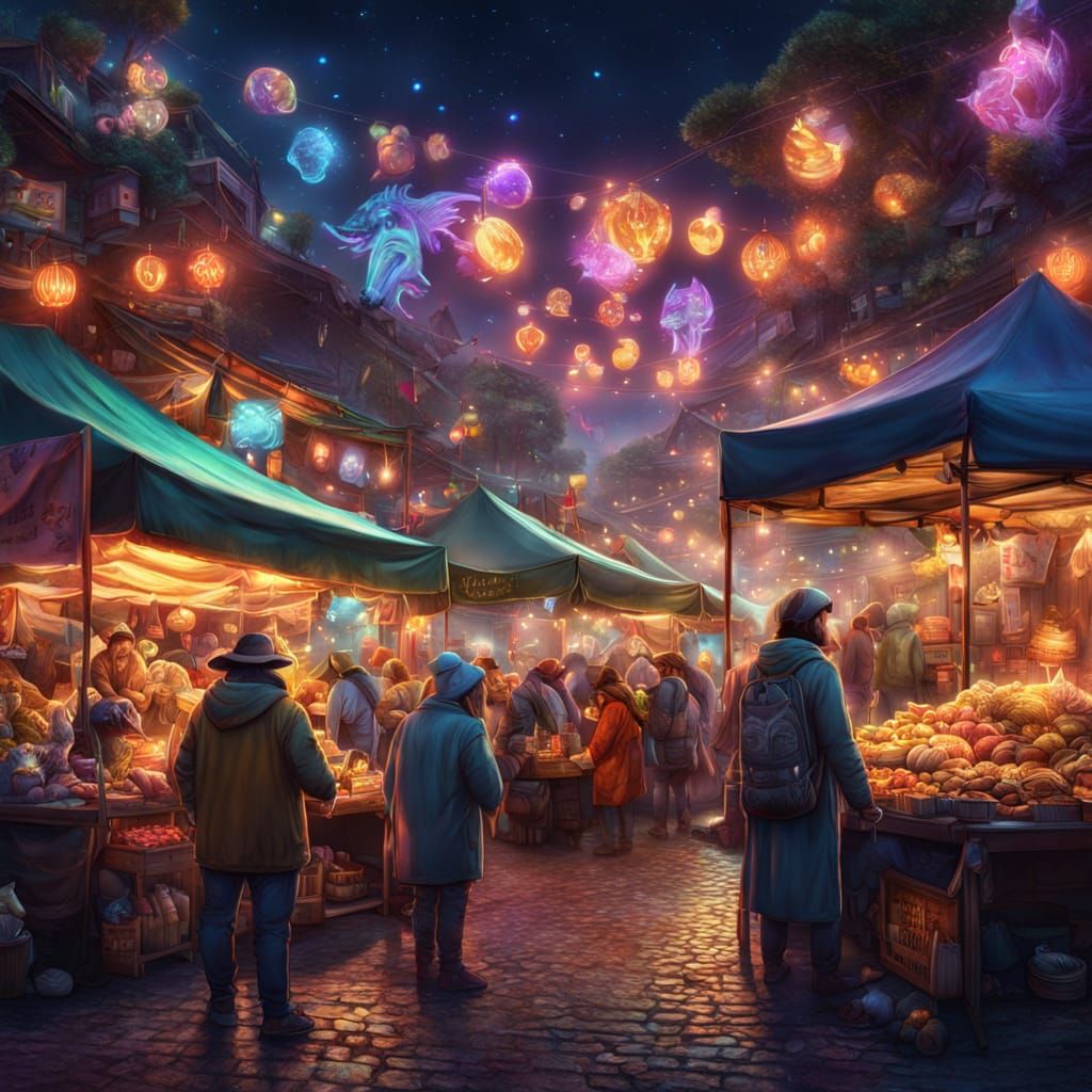 Vibrant Night Market Scene with Animals and Vendors