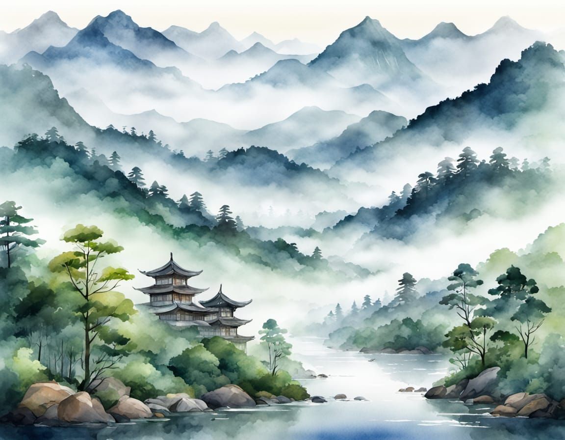 Misty East Asian Forest Panorama in Watercolor Style