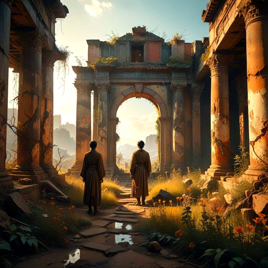 Surreal Ancient Ruins Scene in Warm Oriental Color Palette