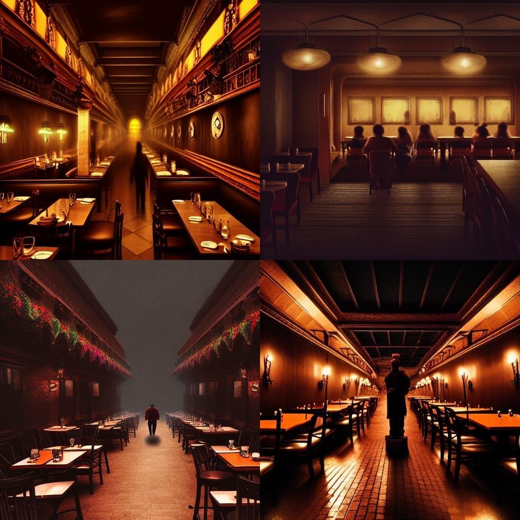 Photorealistic Restaurant Scene with Volumetric Lighting