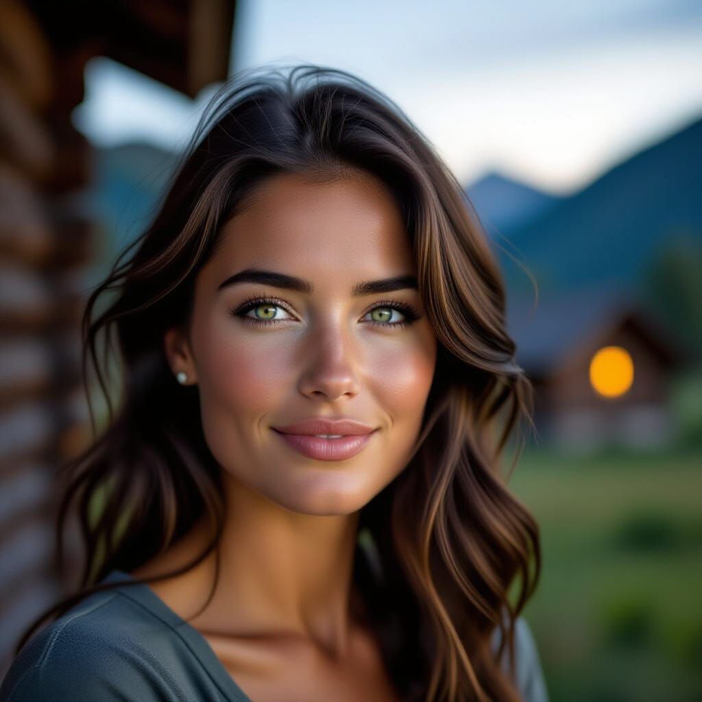 Woman's Portrait at Dusk with Mountain Cabin Construction