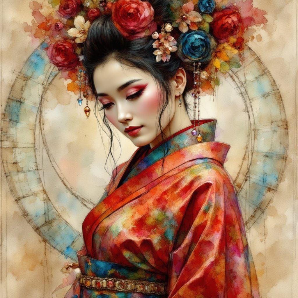 Geisha in Dark Fantasy Earth Tone Style