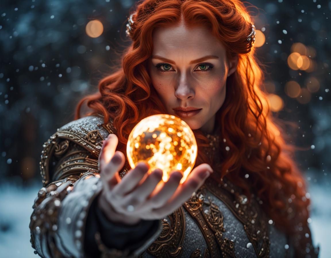 Armored Redhead Mage Conjuring Fire: Hyperrealistic Close-Up