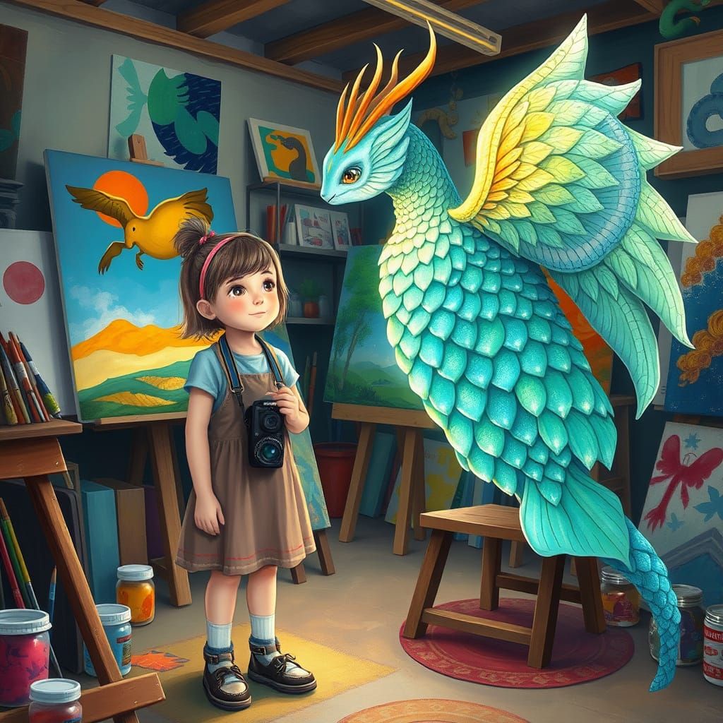 Girl Meets Scaled Being in Art Studio, Fantasy Illustration