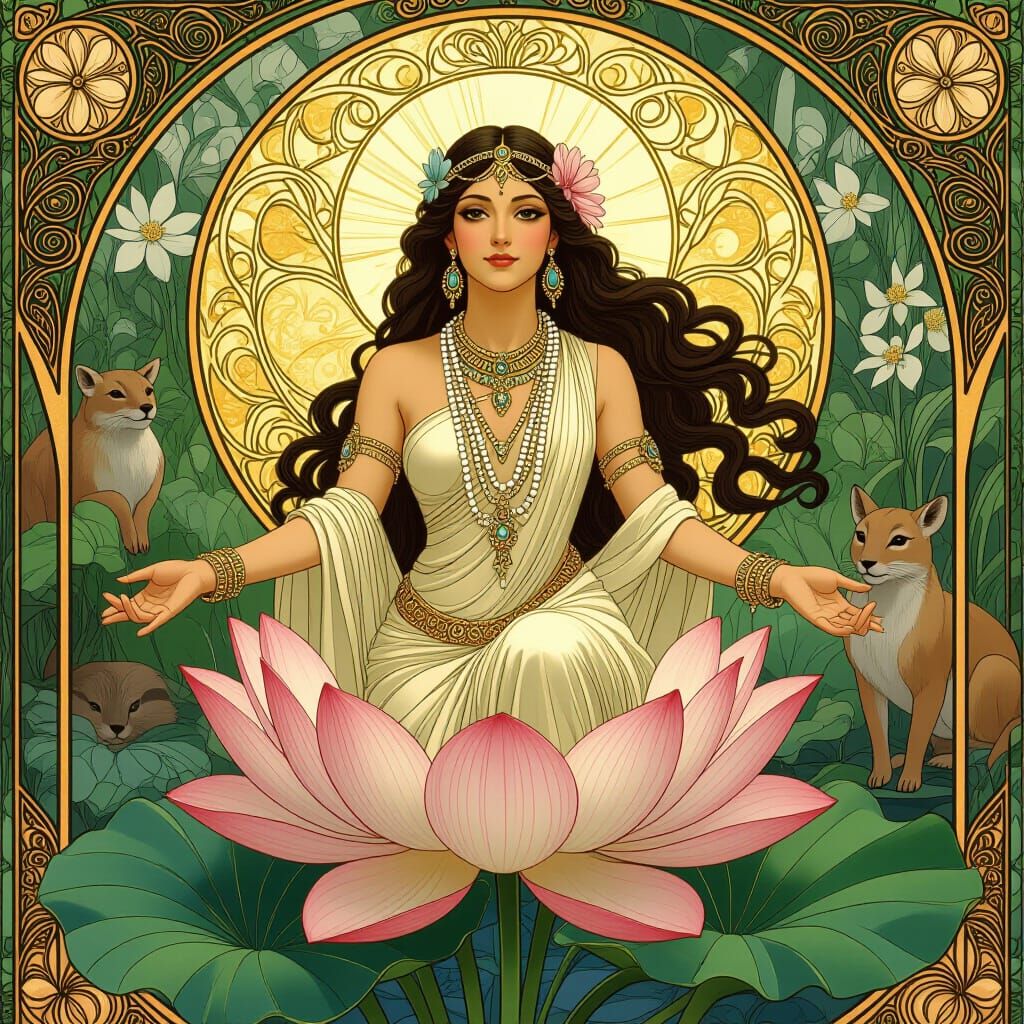 Fertility Goddess Emerges from Lotus in Art Nouveau Style