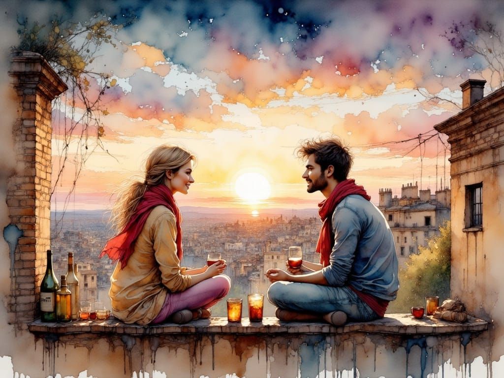 Whimsical Rooftop Scene in Barcelona