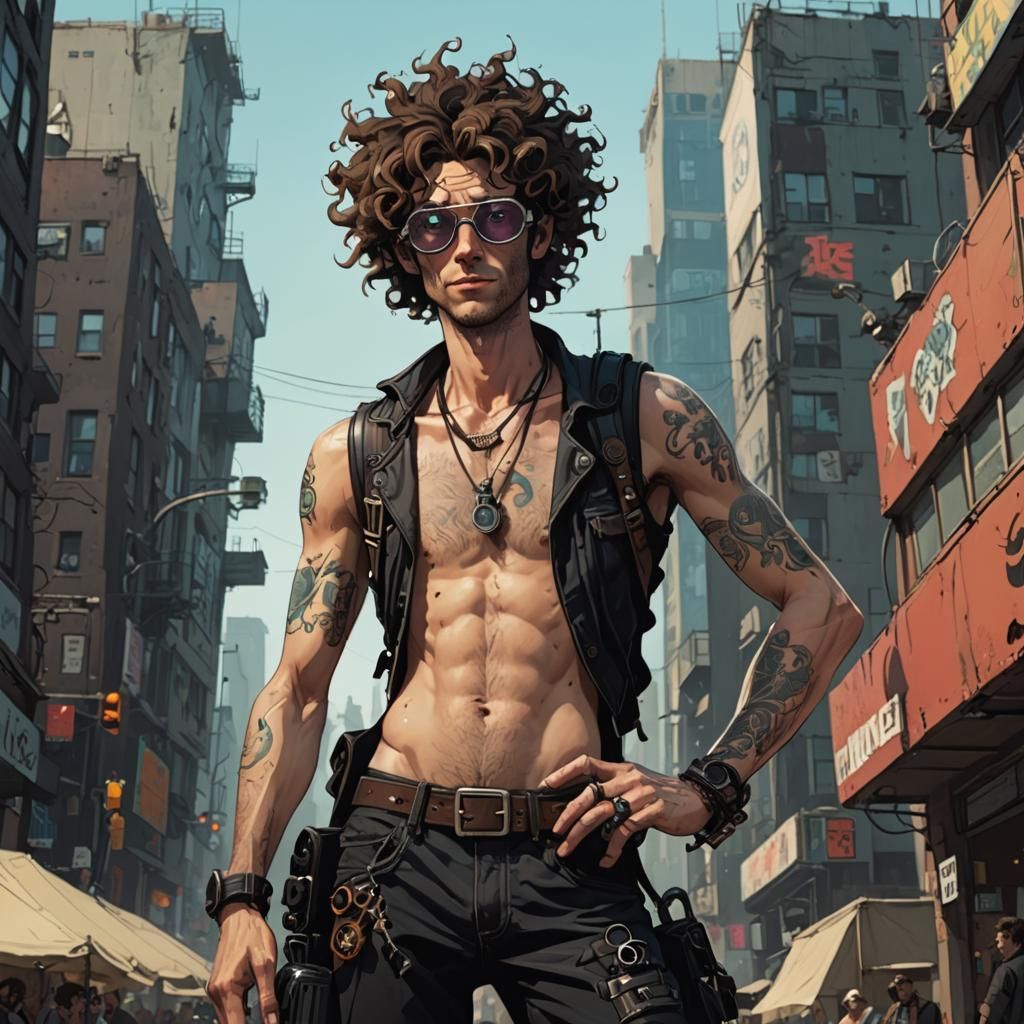 A tall lanky (hippie punk) with touch of cyberpunk style guy with (big curly hair) wearing goggles) art art style of Jam...