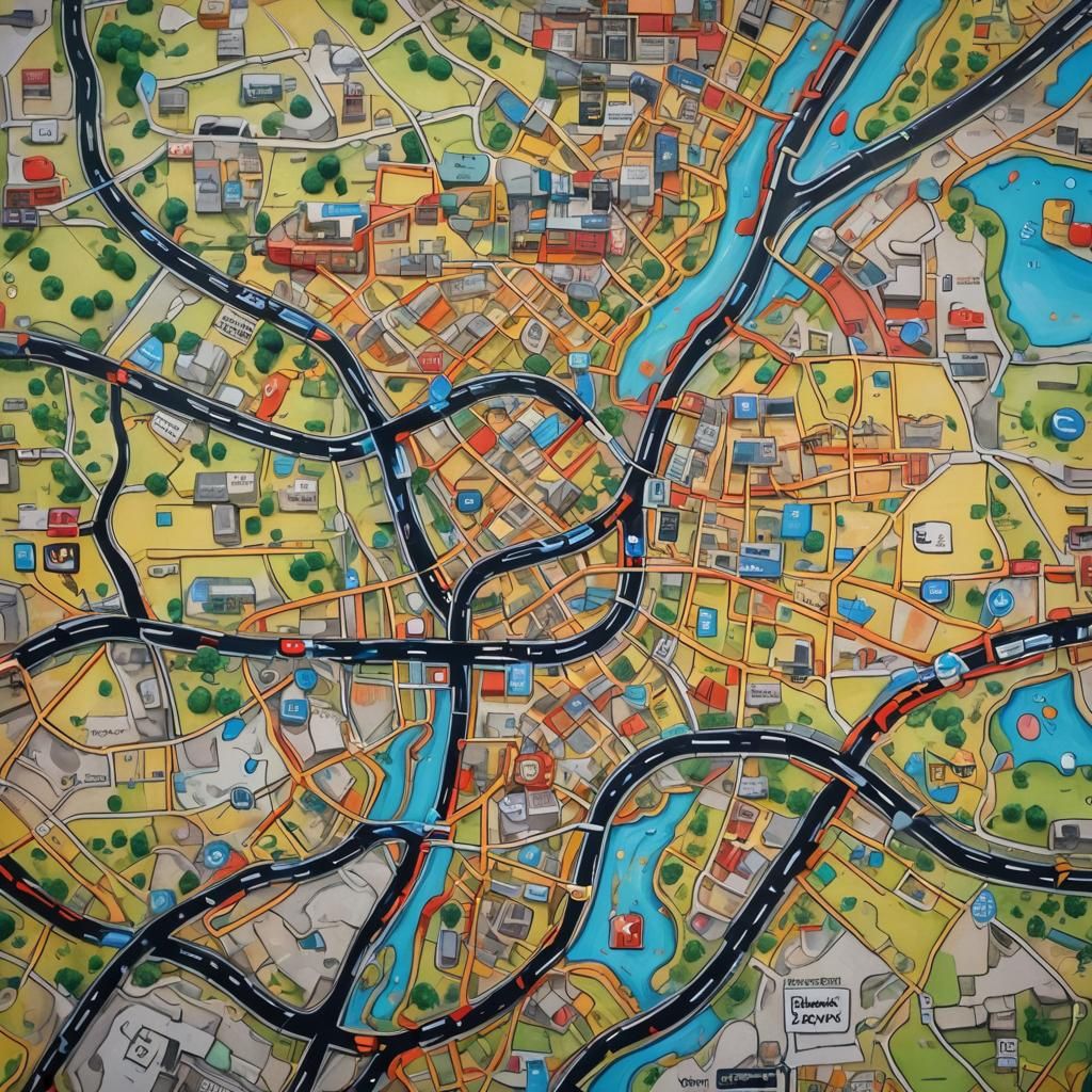 a route map map, High Detailed  on the map following  the route of Travel by a little car, places that are visit Hyperre...