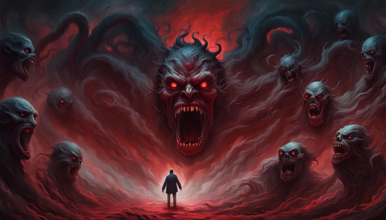 Ethereal Horror Figure Rises from Crimson Fog