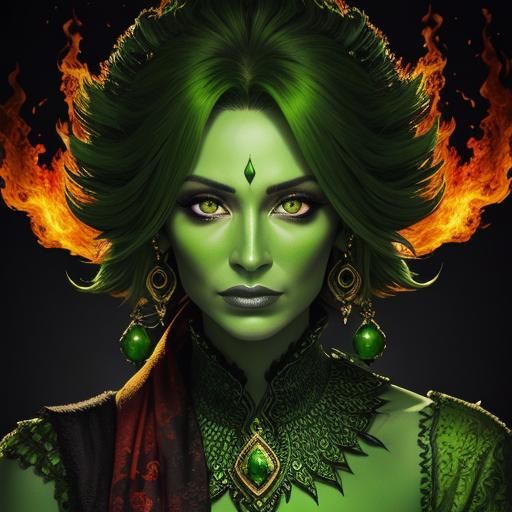 Fiery Portrait of a Beautiful Green Lady
