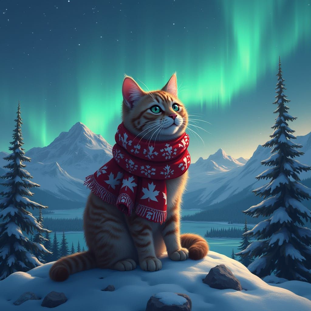 Majestic Mountain Cat Under the Northern Lights