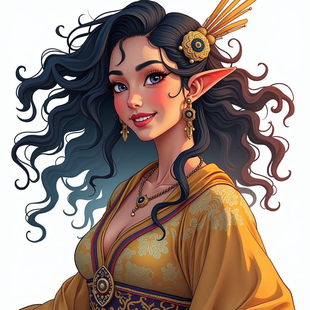 Mystical Woman Vector Coloring Page in Fantasy Style