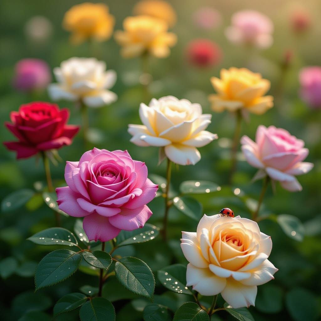 Ladybug on Rose After Rain, Photorealistic