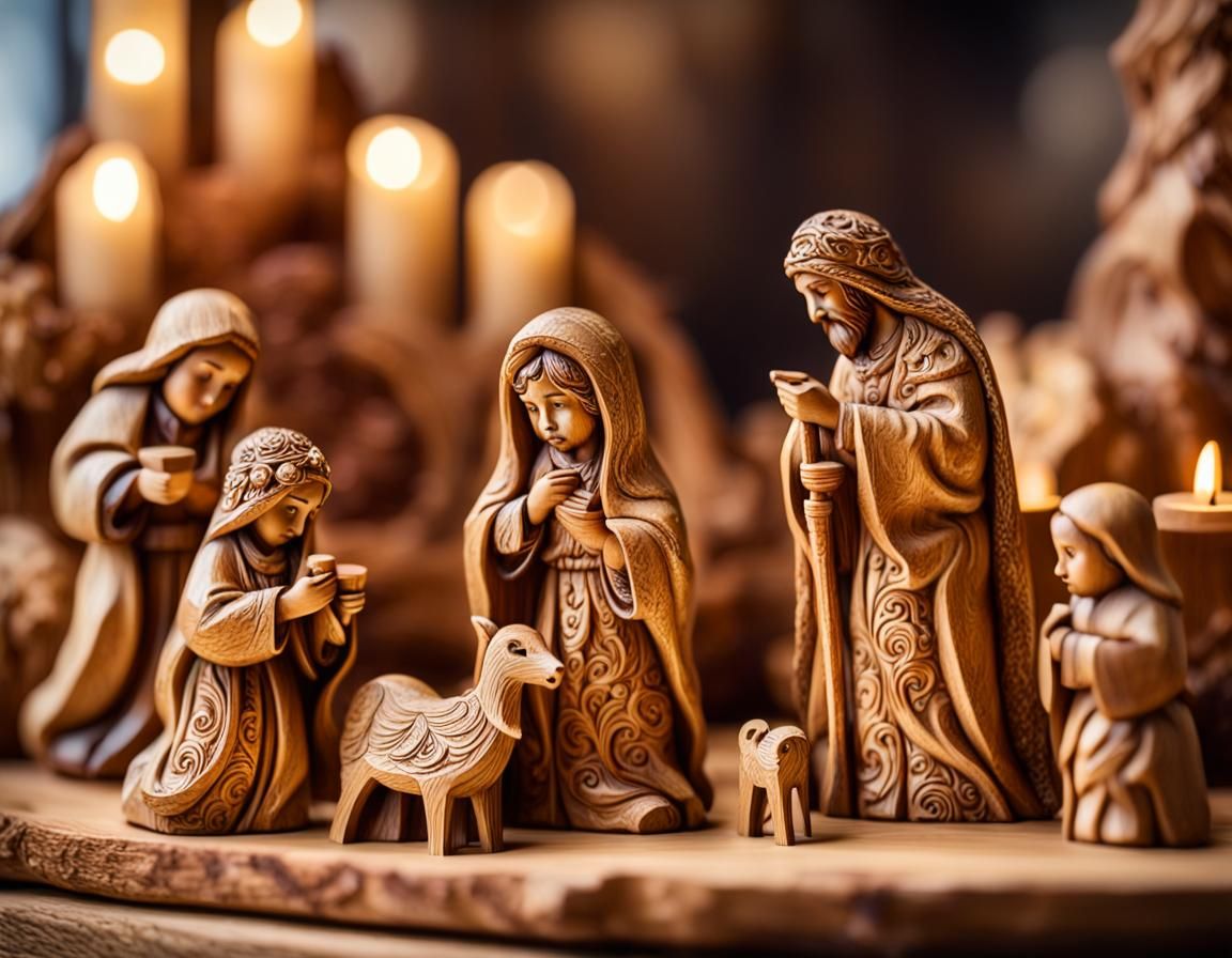 Ornate Nativity Scene in Austrian Wood Carving