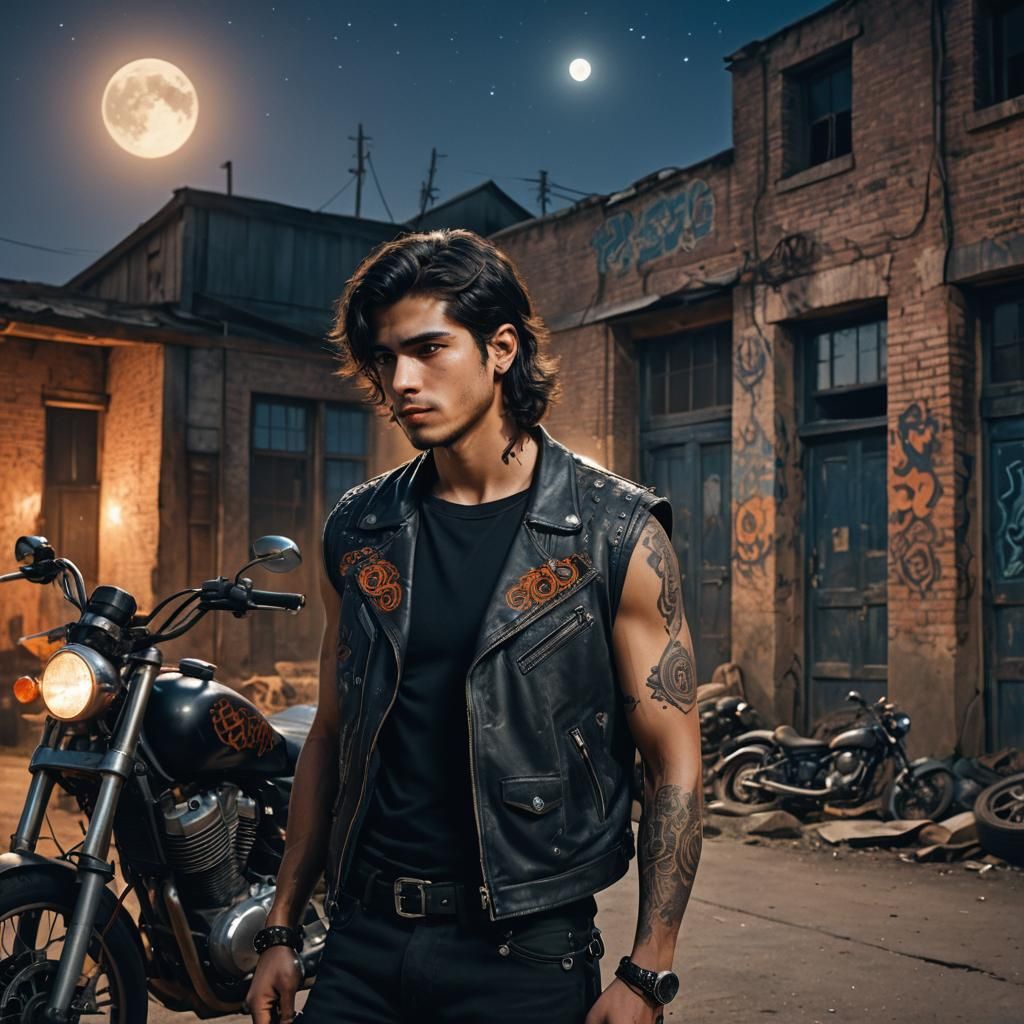 Javier at Midnight: Motorcycle and Tribal Tattoos