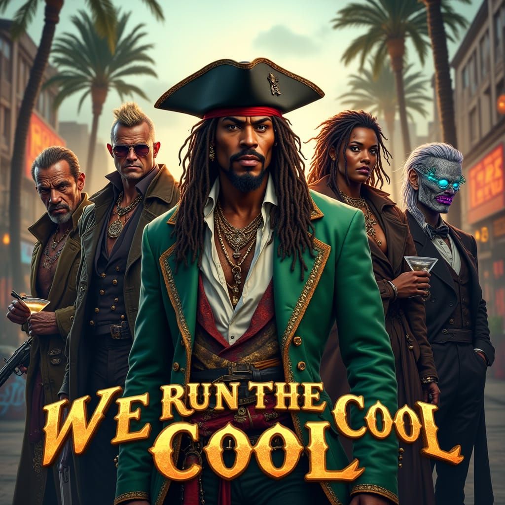 Confident Rasta Pirate Captain in Green Coat with Villains
