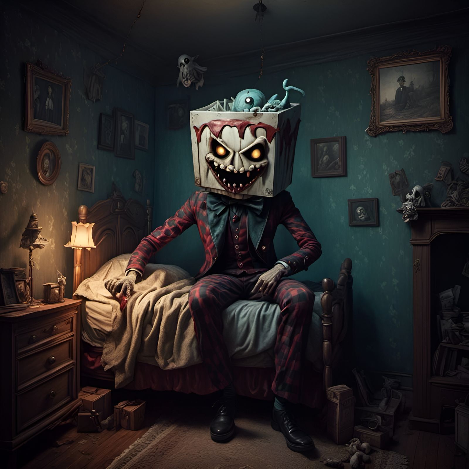 Scary Jack-in-the-Box Portrait in Creepy Bedroom