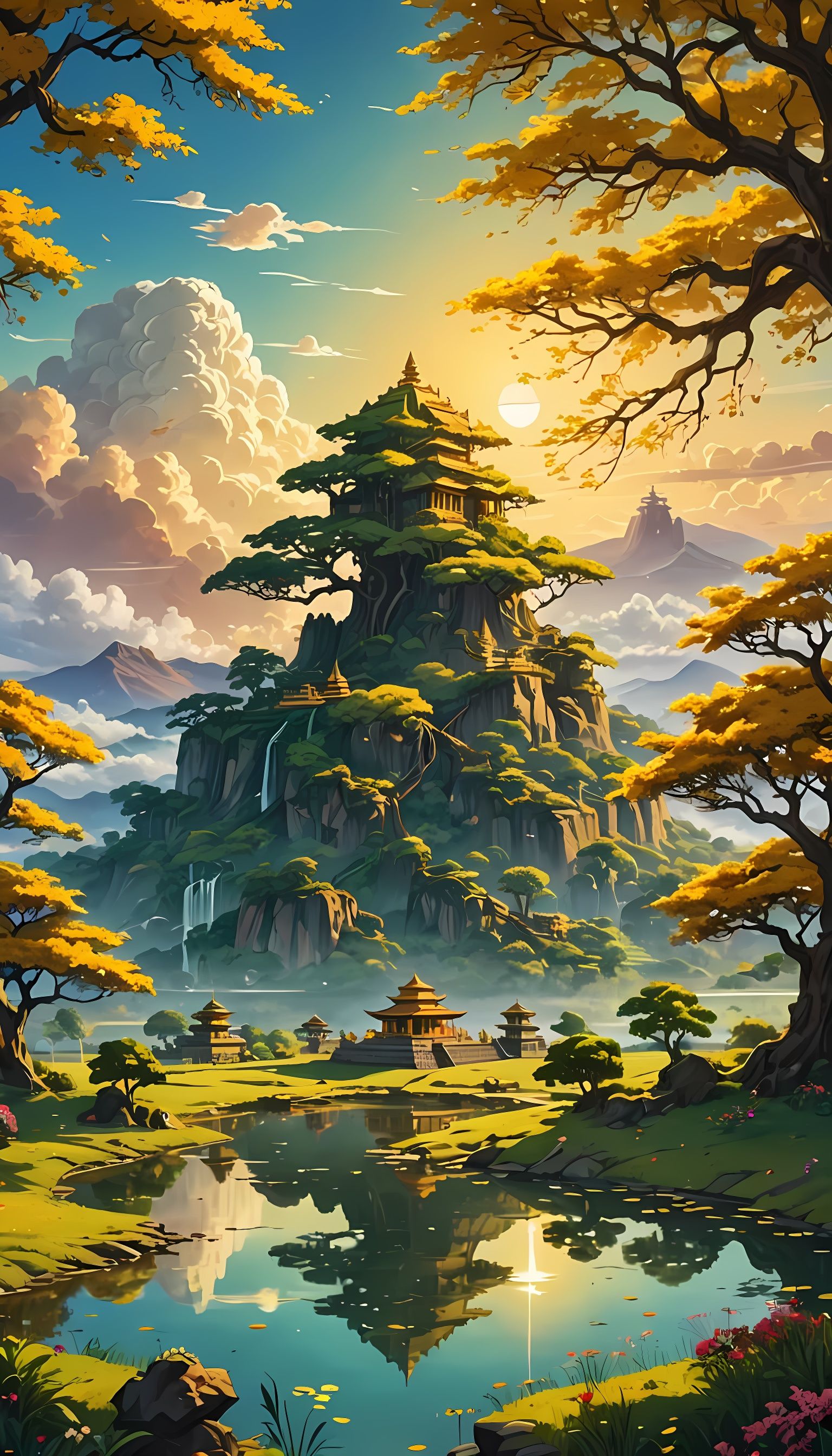 Majestic Ancient Tree and Temple in Anime Style