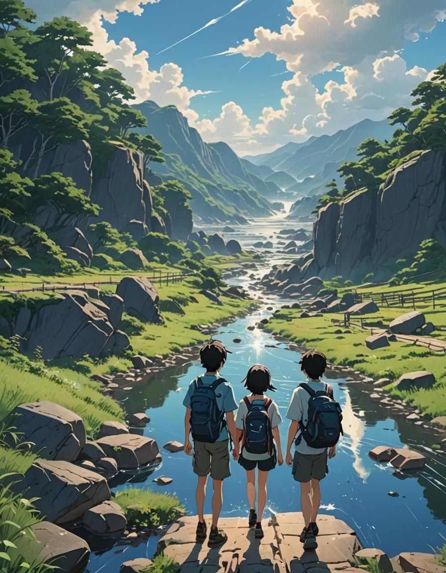 Hiker in Anime Style Landscape