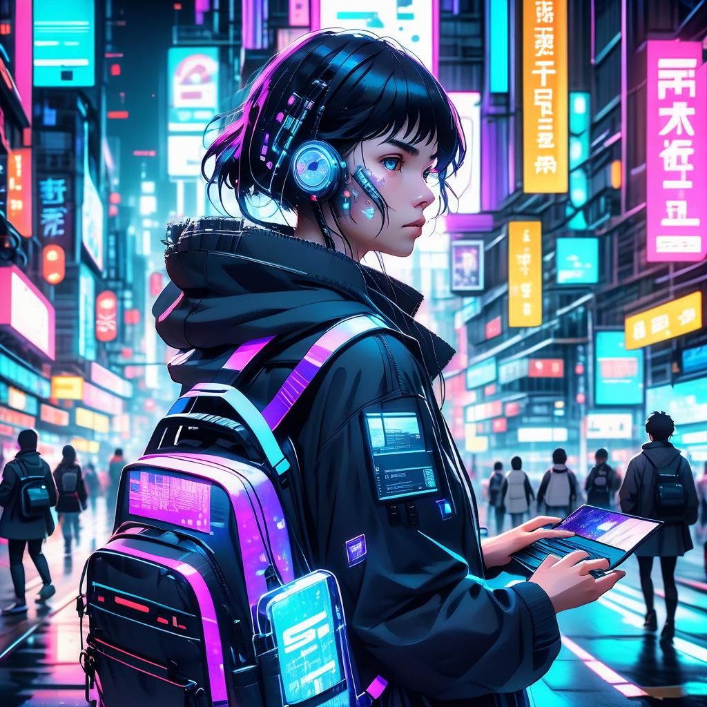 Cyberpunk Hacker in Neon City at Night
